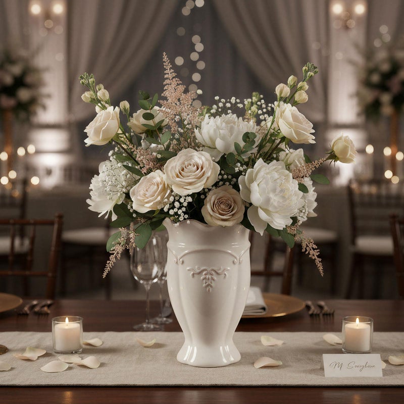 hjn White Ceramic Vase- French Flower Vase for Decor Small Vintage Vases for Flowers/Home Decoration/Kitchen/Table/Living Room/Shelf/Mantel/Office-Height-6.8" - Image 2